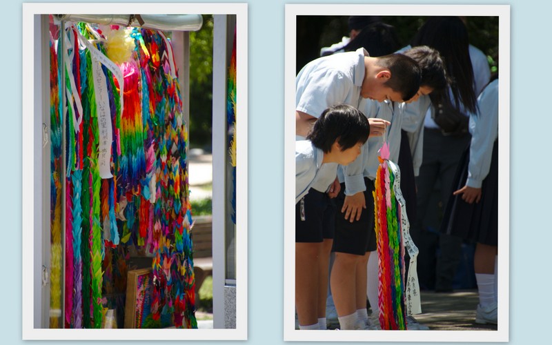 collage de niños ofreciendo grullas de origami en el Monumento a la Paz de los Niños en Parque de la Paz de Hiroshima
