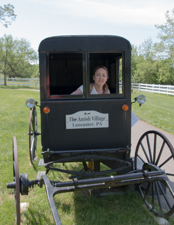 Lidia en un buggy en The Amish Village en el Condado de Lancaster Pensilvania